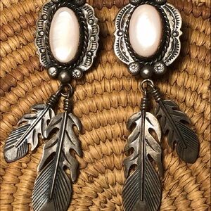 925 Vintage 1950s Silver and Abalone Shell Feather Earrings, Rare, One of a Kind